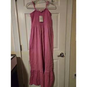 RAVIYA Pink Smocked Shirred Gauze Maxi Dress Spaghetti Strap Ruffle L